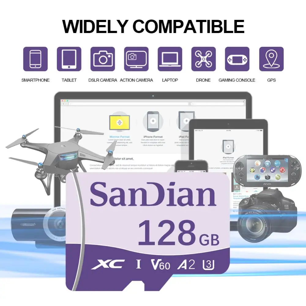 Cartão Micro TF SD para telefone e tablet, cartão de memória, cartão flash, 128GB, 64GB, 256GB, 512GB, 2TB, até 100 mbps, 100% original