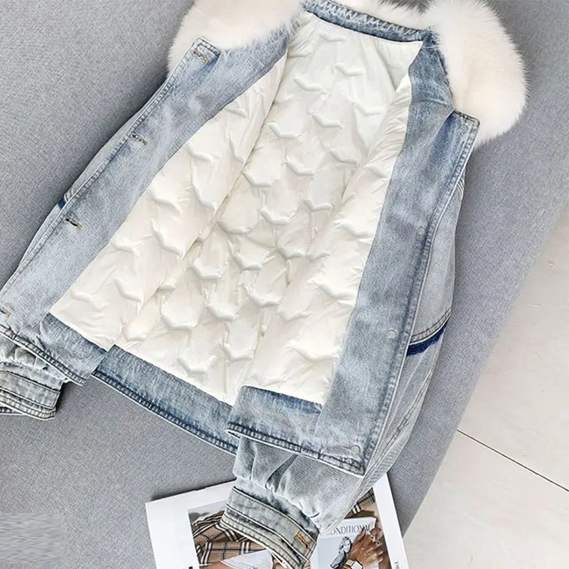 High-End Elegant Denim Goose Down Down Jacket For Women Oversized Fox Detachable Short Loose Thickened Warm Fashionable Coat
