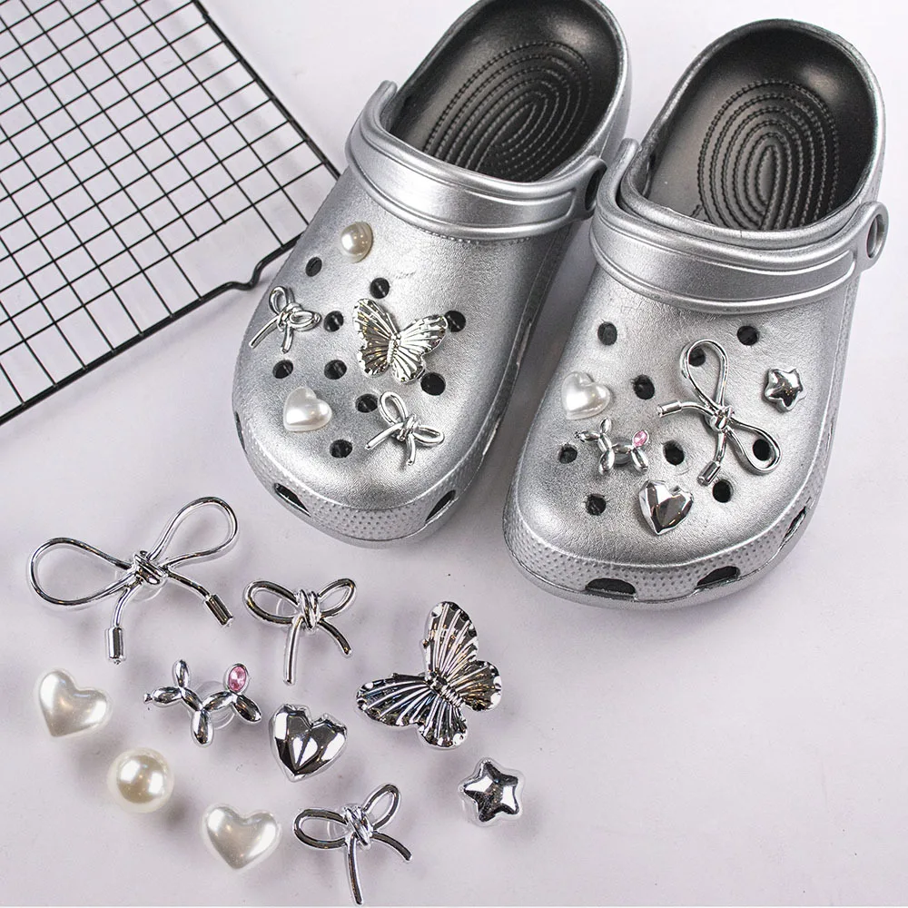 Silver bow hole shoe buckle accessory DIY detachable hole shoe decoration high-end shoe flower accessory buckle For Girls Gifts