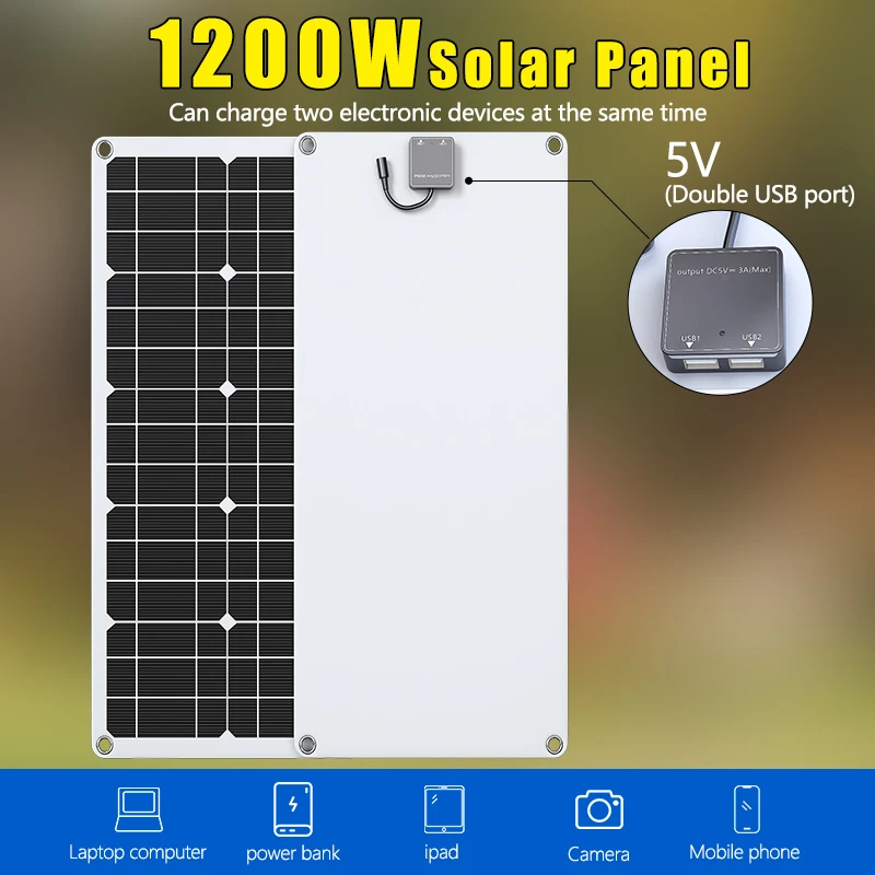 1200W Flexible Solar Panel, 12V 18V Monocrystalline Charger for Outdoor Camping, Car, Boat, and Home Energy Applications