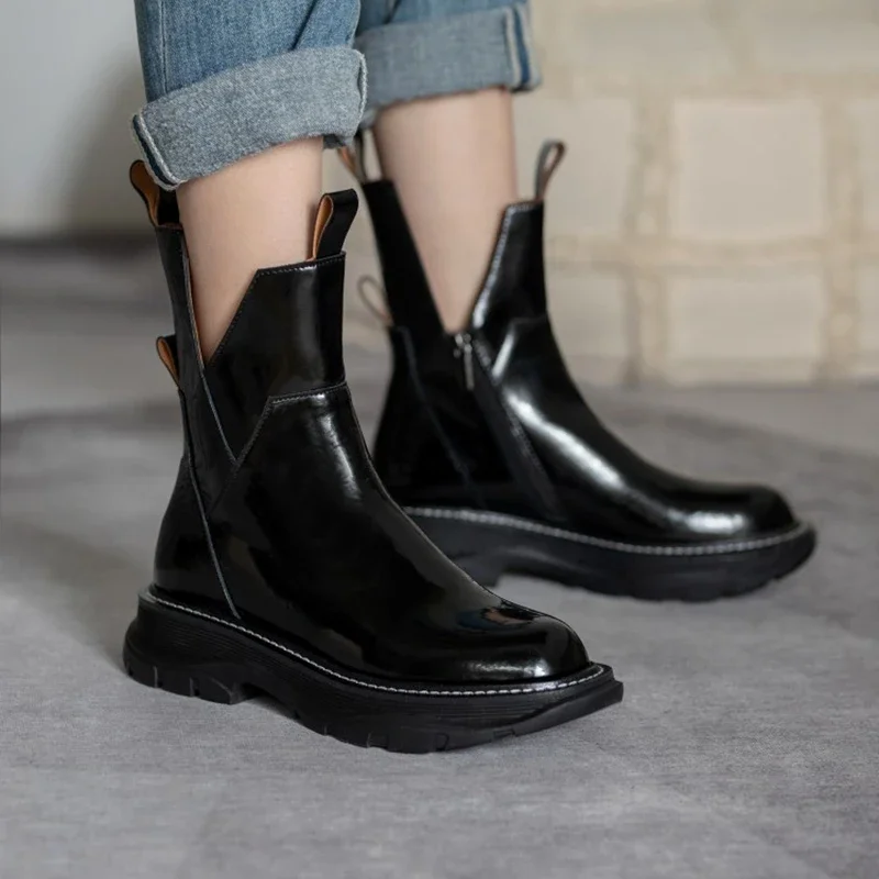 HOT SALE Women Boots Round Toe Thick Heel Shoes Split Leather Shoes for Women Cool Motorcycle Boots Platform Black Ankle Boots