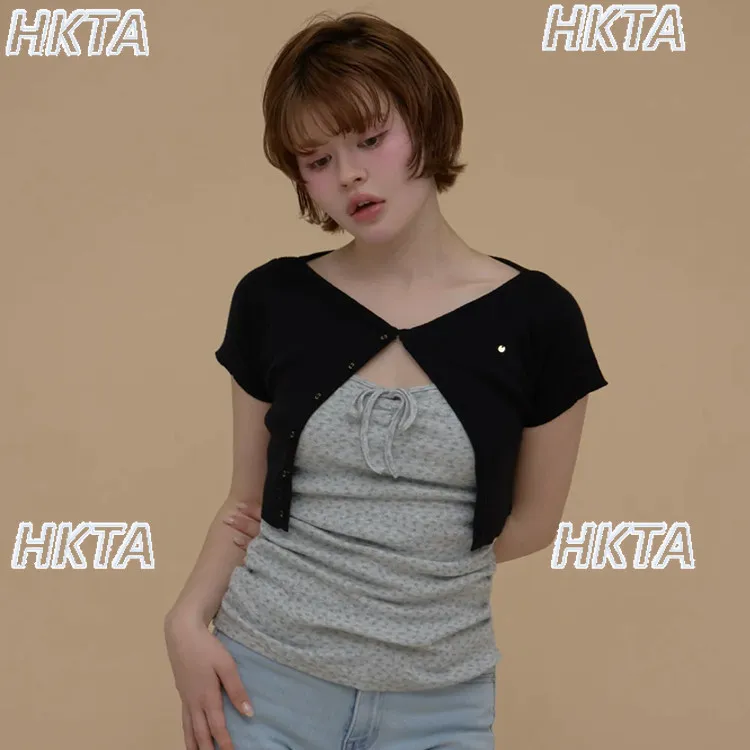 

Japanese 2026 Spring New Sweet Floral Bow Lace Up Slim Fit Suspender Vest T Shirt V Neck Short Sleeved Knitted Short Top Women