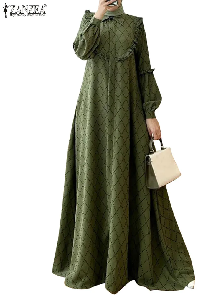 ZANZEA Women Elegant Long Sleeve Muslim Dress Hijab Abaya Robe Femme Bohemain Printed Maxi Long Vestidos Kaftan Islamic Clothing