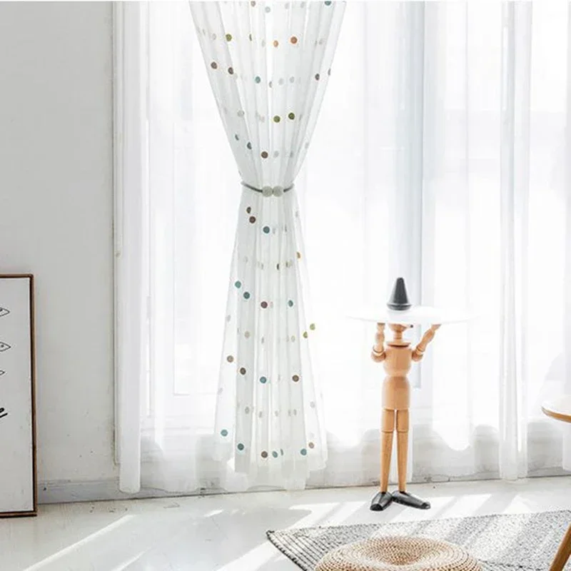 Colorful Dots Embroidered White Tulle Curtain for Kids Bedroom Living Room Modern Linen Sheer Voile Window Screen Panel ZH035H