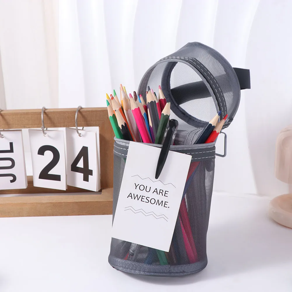 Simple Makeup Brushes Storage Bag Large Capacity Vertical Mesh Pen Holder Bag Solid Color Portable Stationery Storage Organizer