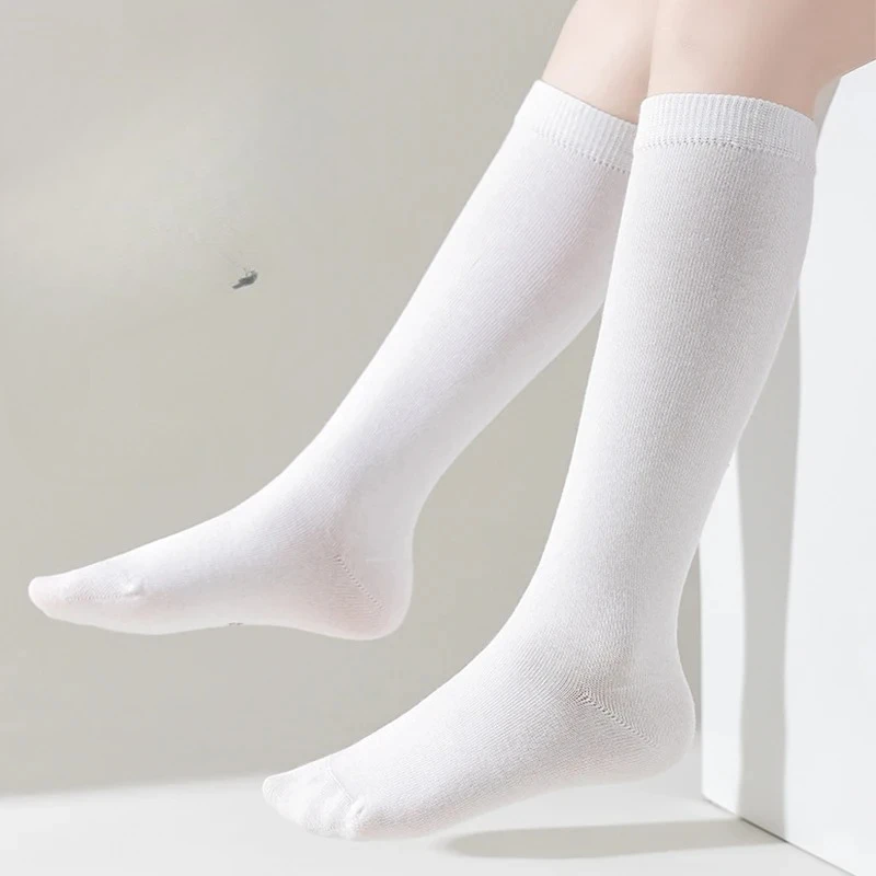 Knee-High School Socks for Kids, Solid Color, White Comfy Breathable Soft Knit Fabric, long socks for girls, All-season