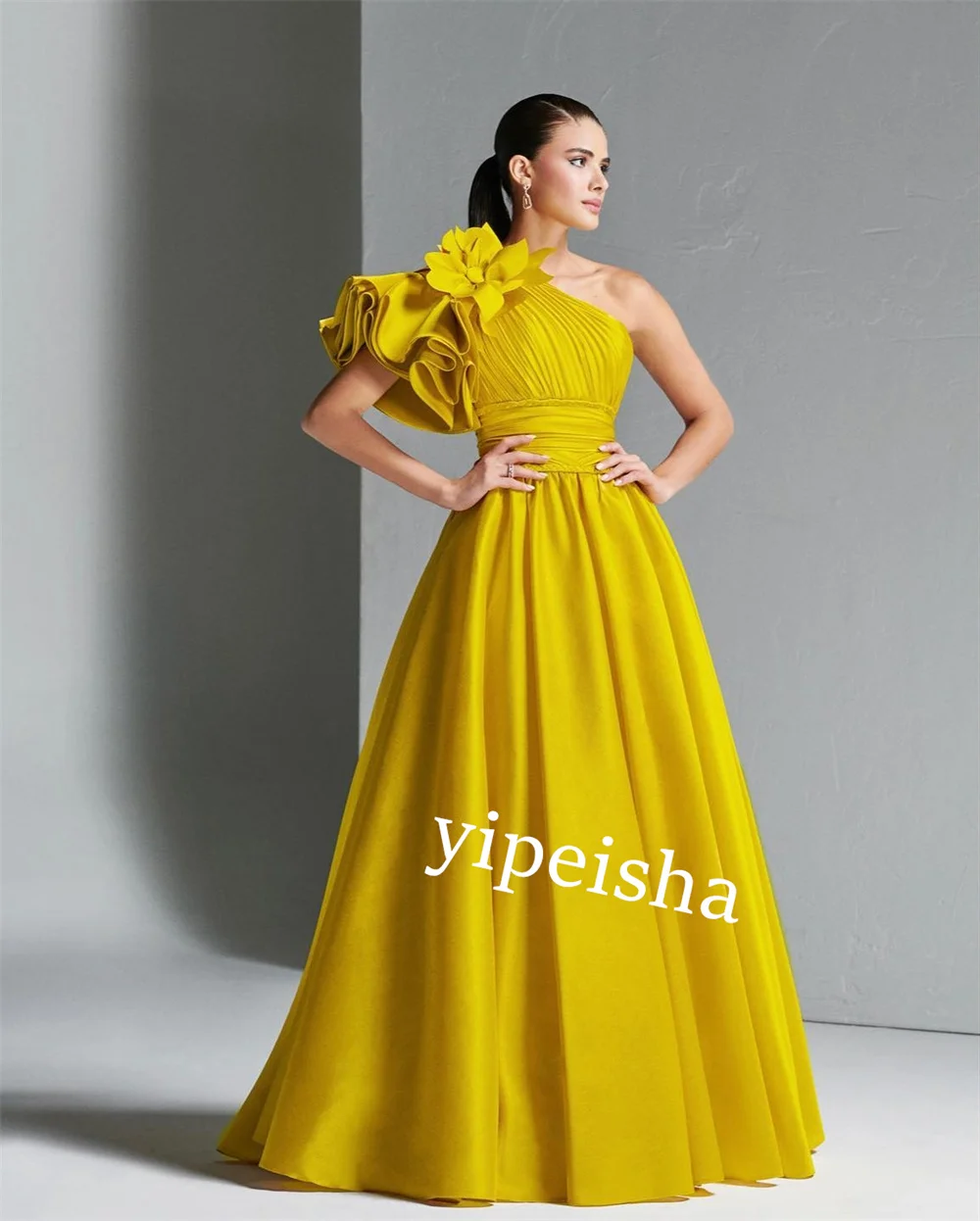 Customized S Flower Pleat Graduation A-line One-shoulder Bespoke Occasion Gown Long Dresses