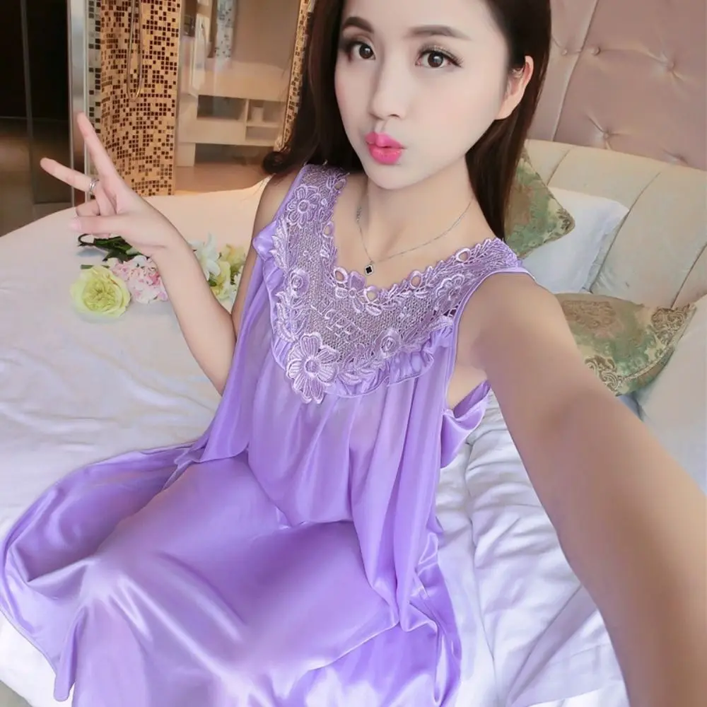 Lady Nightwear Non Shrink Sling Sleepwear Lace Dress Summer Lace Sleeveless Solid Color Homewear