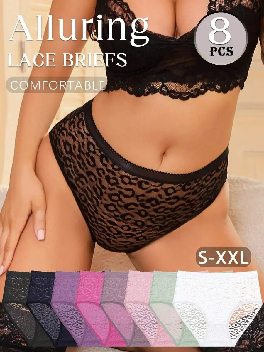 

8pcs All Lace Womens Briefs High Waist Comfortable Leopard Print Panties S-XXL
