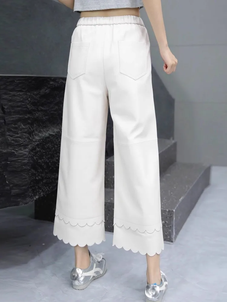 Spodnie damskie z prawdziwej skóry owczej, proste nogawki, elastyczna talia, szerokie nogawki, jesienne spodnie ze skóry naturalnej, długość do kostek, koronkowe spodnie, wyprzedaż.