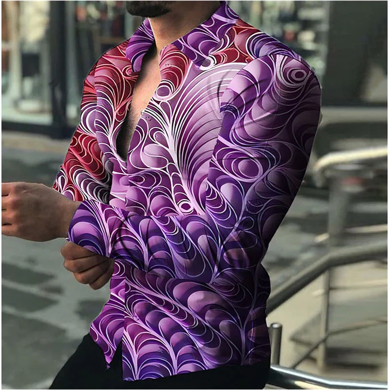 New Men's Casual Sweatshirt Street Street Long Sleeve Button Lapel Shirt 3D Printed Fashion Line Flower Men's Cardigan Shirt