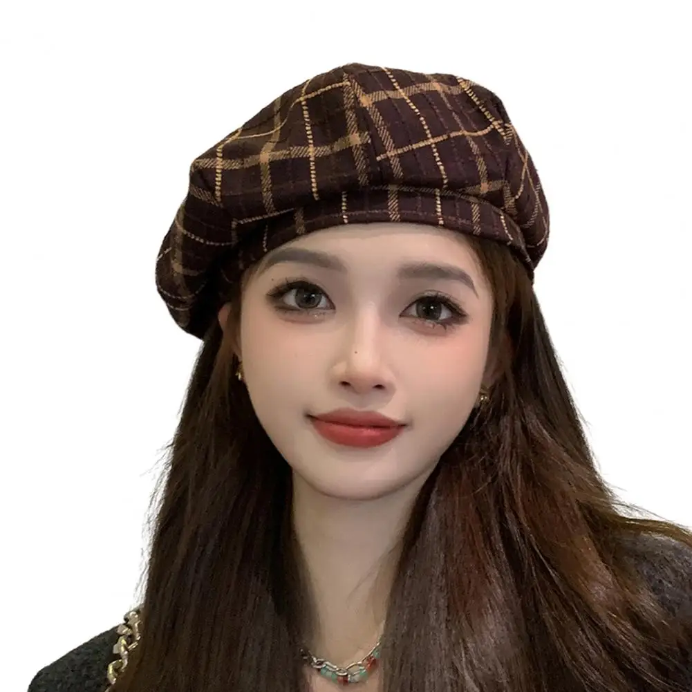 

Autumn And Winter Women's Hat Berets Plaid Print Contrast Color Elastic Adjustable Soft Warm Caps Lady Cap Painter Hat