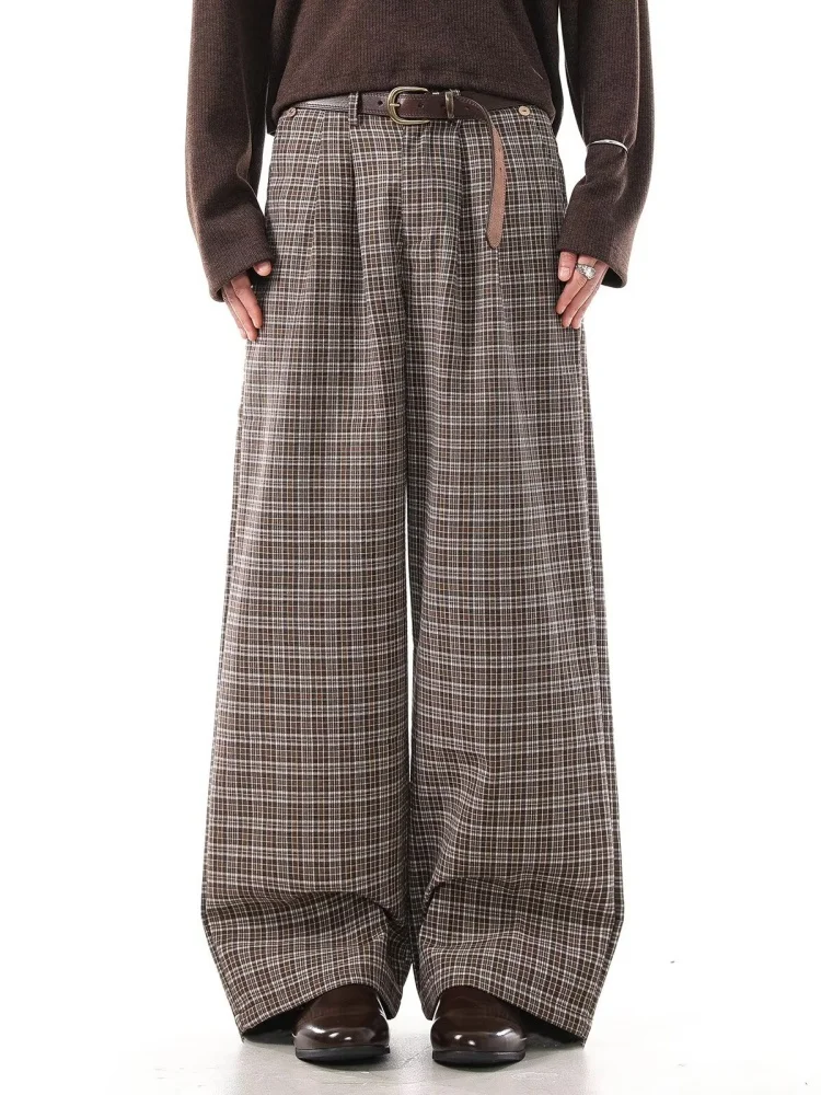 

2025 Ropa Y2K New Fashion Brown Plaid Pleated Baggy Suit Pants For Men Clothing Male Bottom Straight Casual Loose Long Trousers