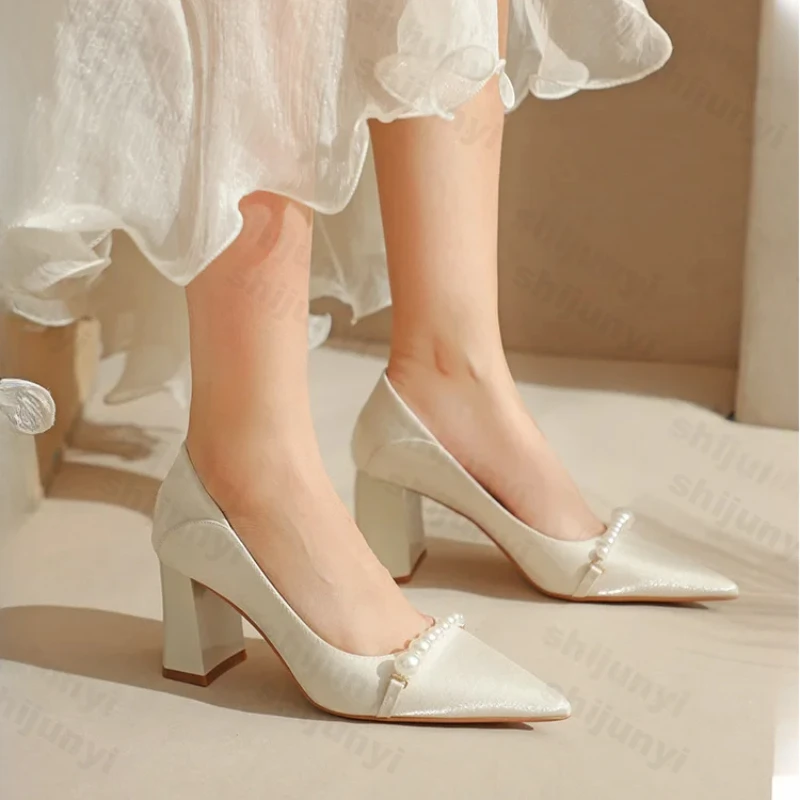 Fashion Pointed Pearl High Heels Shoes Women White Wedding Shoes Thick High Heels Party Pumps Woman Footwear Zapatos De Mujer