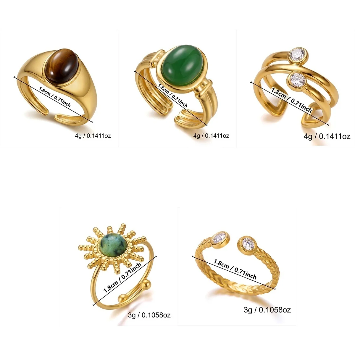 Retro-Tigeraugen-Naturstein-Oval-Sonnenringe, stapelbar, für Damen und Herren, Edelstahl, Zirkonia, Wickelring, Streifen-Fingerring, Schmuck – Detail 4