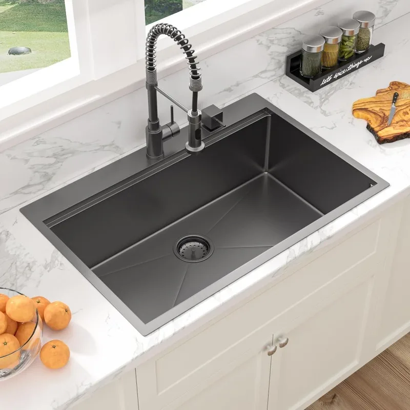 Sarlai 33 Inch Black Drop In Kitchen Sink Workstation-33x19 Drop In Kitchen Sink Black Stainless Steel Topmount Workstation Sink