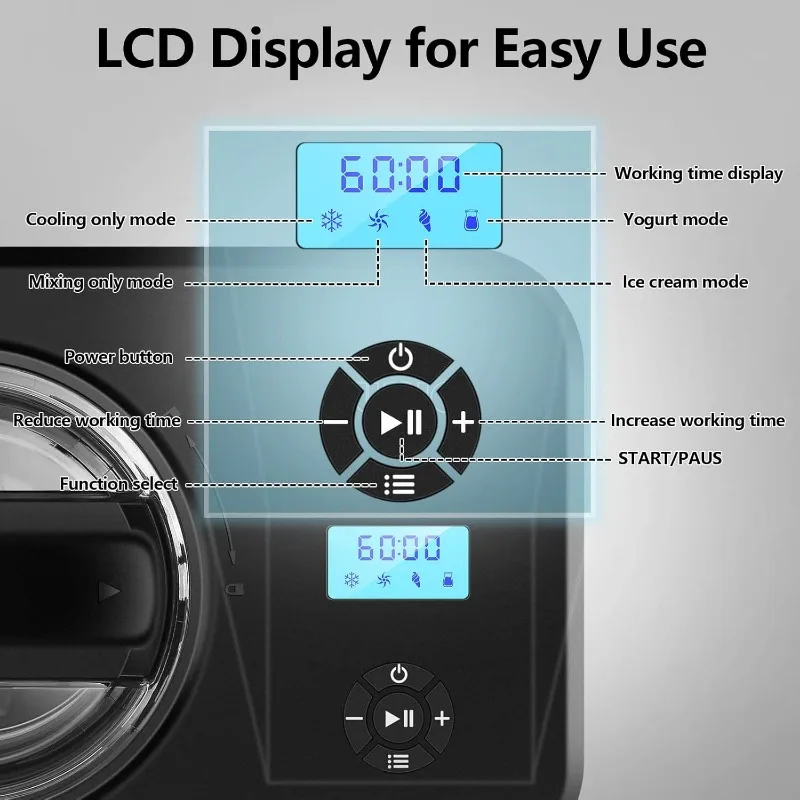 1.6-Quart Ice Cream Maker with Compressor 4 Modes Ice Cream Maker Machine with LCD Display Automatic Gelato & Yogurt Machine