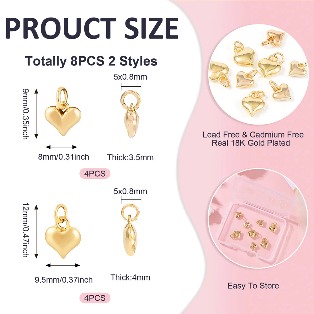 8Pcs Brass Small Heart Charms Pendants 2 Sizes for Jewelry Making Handmade Fashion Bracelets Earrings Necklace Diy Accessories