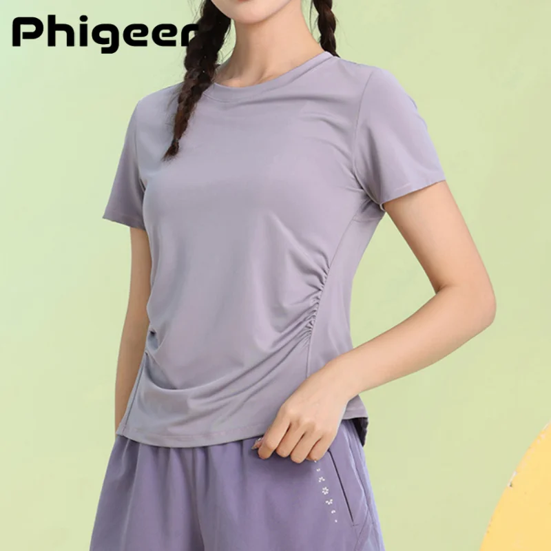 

PHIGEER Women Pleated Yoga Shirt Breathable Quick Dry Lightweight Running Tee Activewear Gym Clothes Short Sleeve Fitness Top