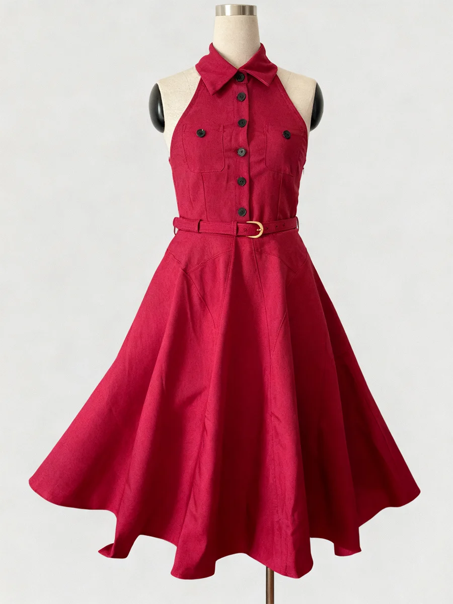 فساتين TWOTWINSTYLE متينة بحزام مقسم للنساء مع طية صدر السترة بدون أكمام بخصر عالٍ وأزرار مرقعة فستان أساسي للسيدات