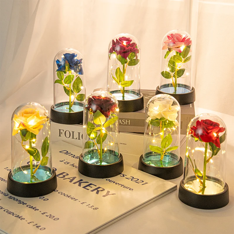 Flores de rosas artificiales, flor eterna en cubierta de vidrio, luz rosa, regalo de cumpleaños y boda, adornos luminiscentes para el Día de San Valentín
