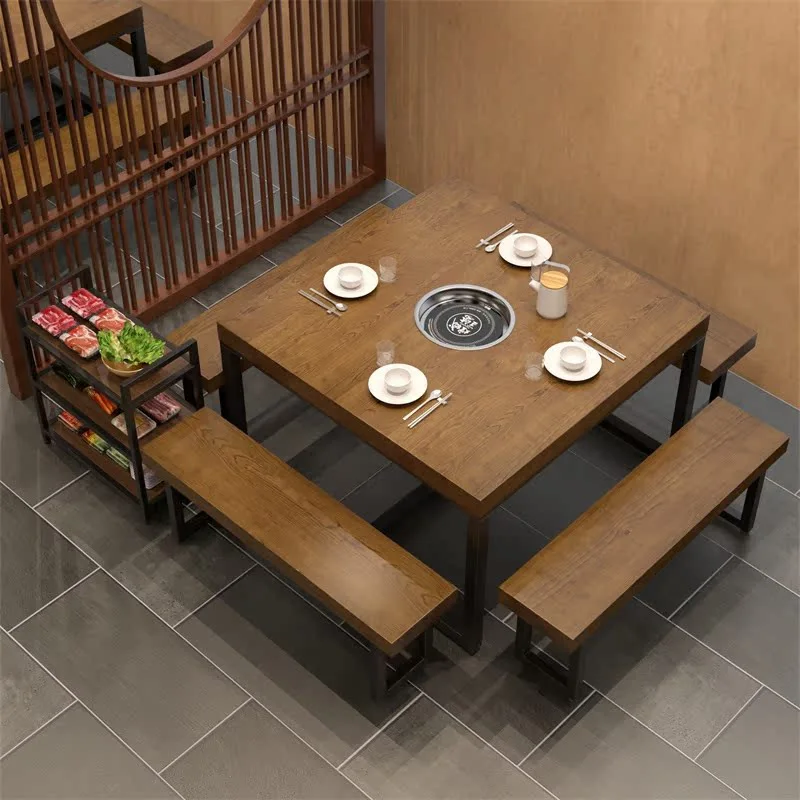 Induction cooker hot pot table integrated restaurant barbecue shop commercial retro square table restaurant solid wood