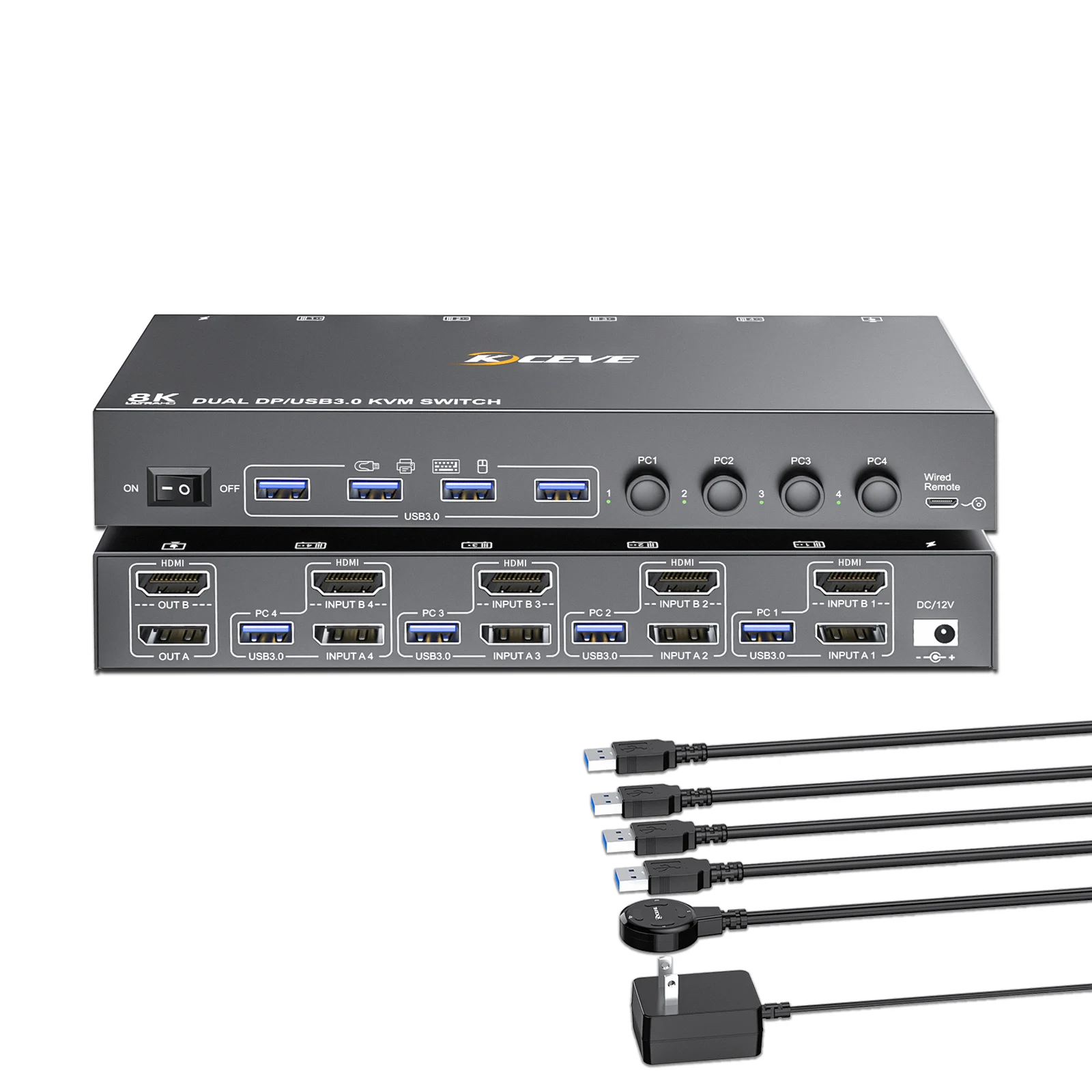 USB 3.0 KVM Switch 2 Monitors 4/3 Computers HDMI+DisplayPort,KCEVE 8K@60Hz/4k@144Hz KVM Switch for 4/3 PCs Share 4 USB3.0 Device