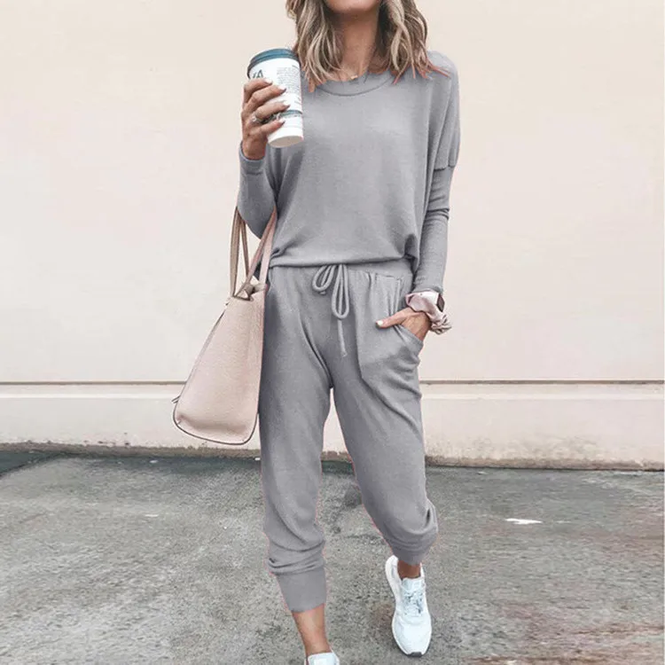 Casual Sports sets for women 2 pieces Solid Color Round Neck T-shirt Bottoming Shirt + Casual Fashion Trousers Set