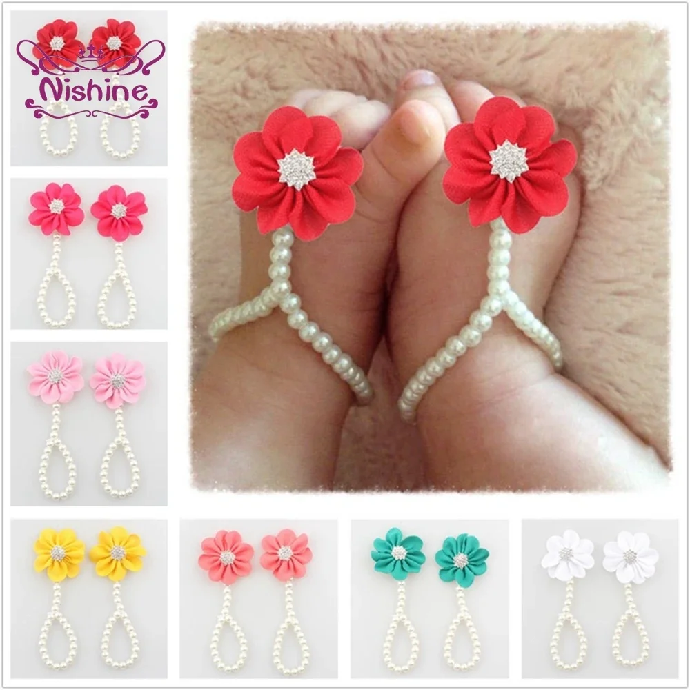 2pcs/lot Infant Girls Pearl Barefoot Sandals Chiffon Flower Shoes Toddler Diy Foot Decoration Baby Newborn Photography Props