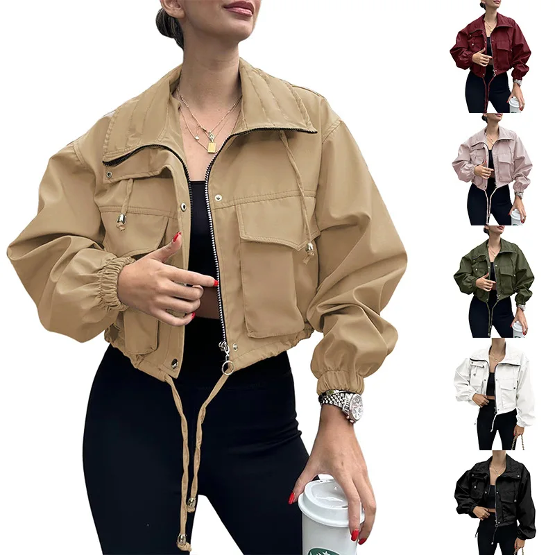 

2025 Cross-border European and American autumn New women's solid color short jacket with zipper windbreaker