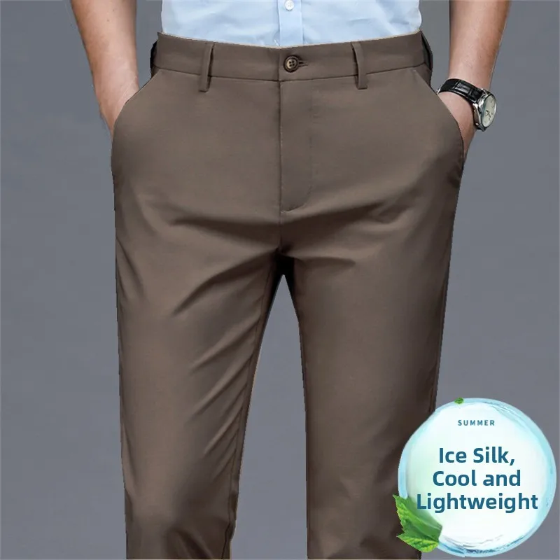 Summer Thin Ice Silk Non-iron Straight Leg Men's Casual Pants Anti-wrinkle Business Sporty Trousers Lightweight Elastic Waist