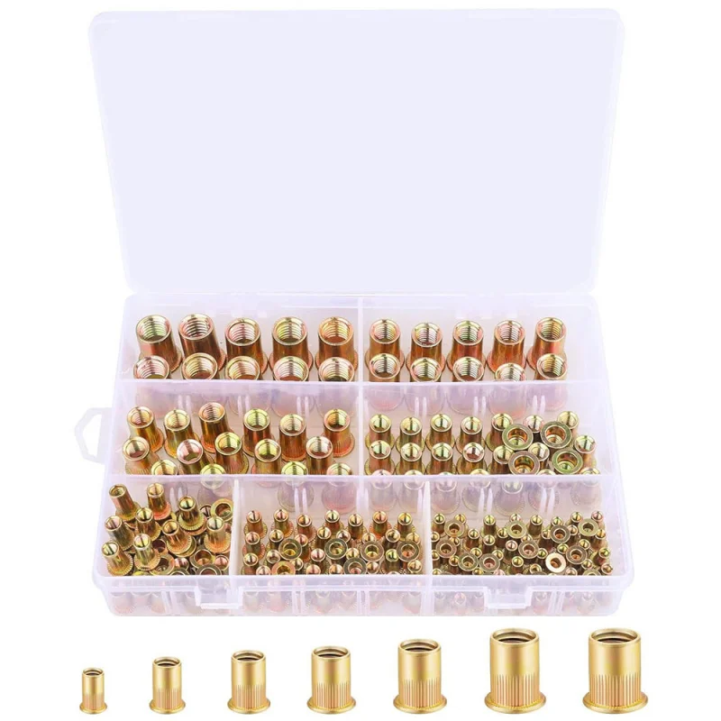 

200PCS Boxed Cross-Border Wholesale 7 Sizes Metric Carbon Steel Rivets Threaded Flat Head Rivet Nut Kit