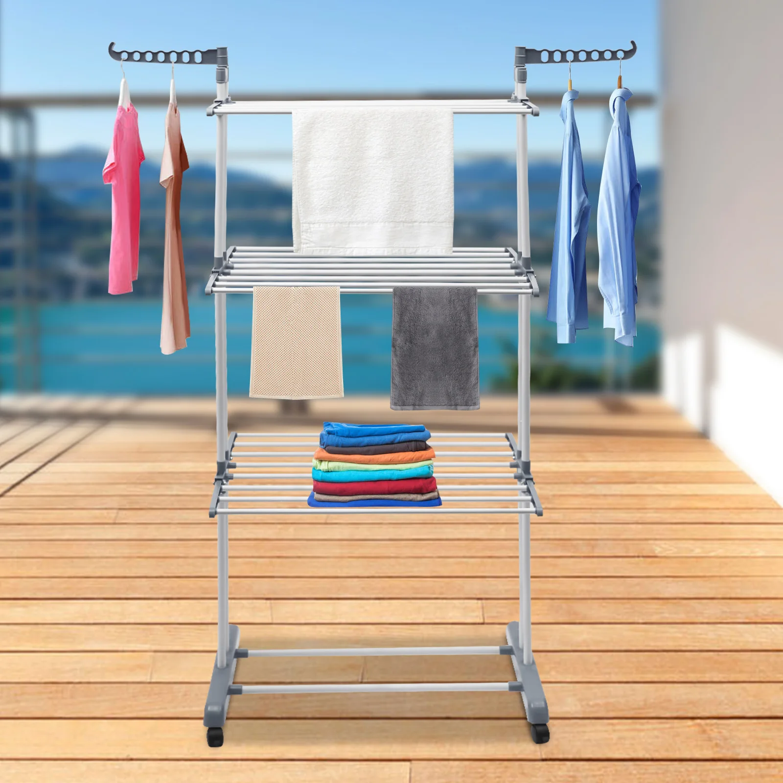 

Clothes Drying Rack Folding Clothes Rail 4-tier Clothes Horses Rack Stainless Steel Laundry Garment Dryer Stand W/ 2 Side Wings