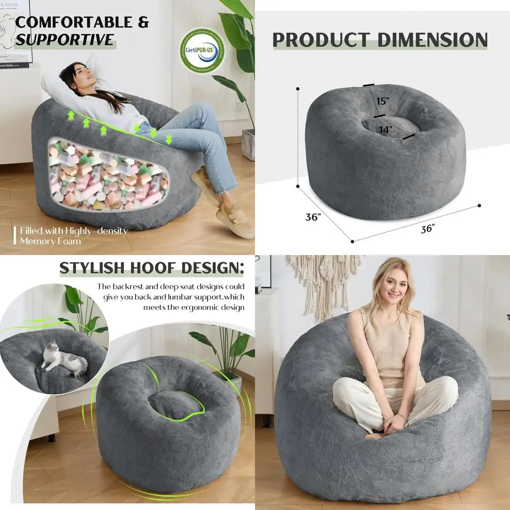 

Extra Soft Sherpa Fabric Bean Bag Chair with Backrest, Adult and Teen Sofa, Memory Foam Floor Couch, Dark Grey