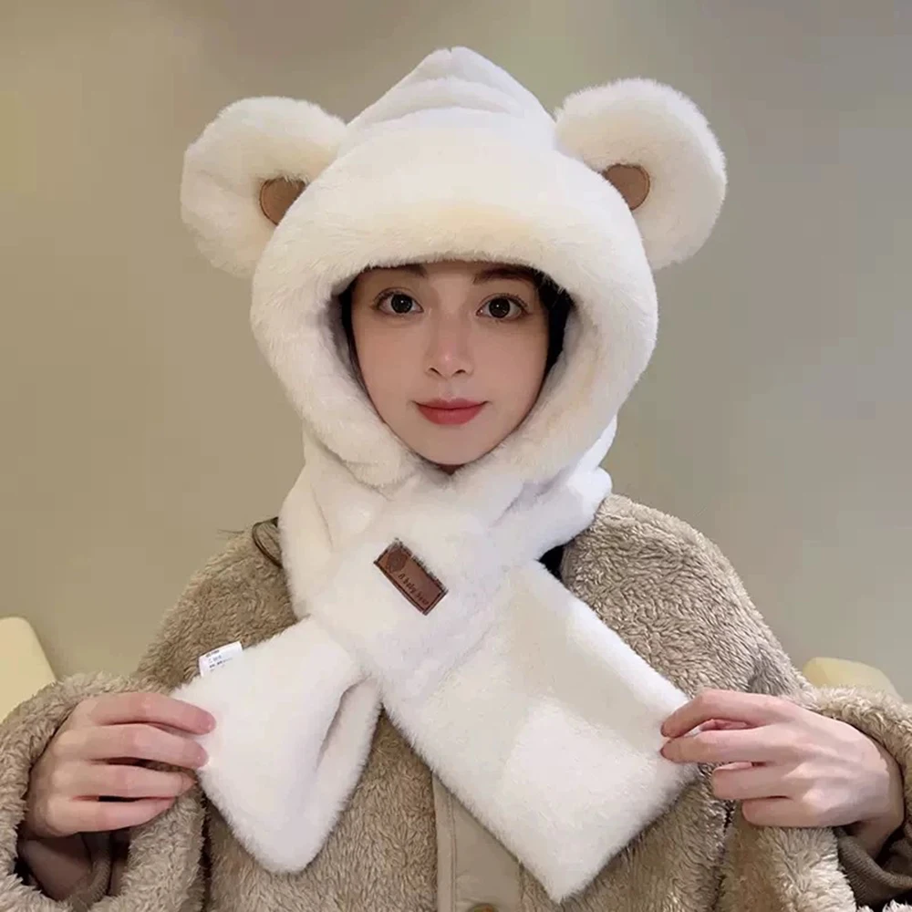 Women Hat Scarf all-in-one Winter Versatile Cute Plush Cap Warm Thickened anti-freezing Windproof Hooded Scarf Hot