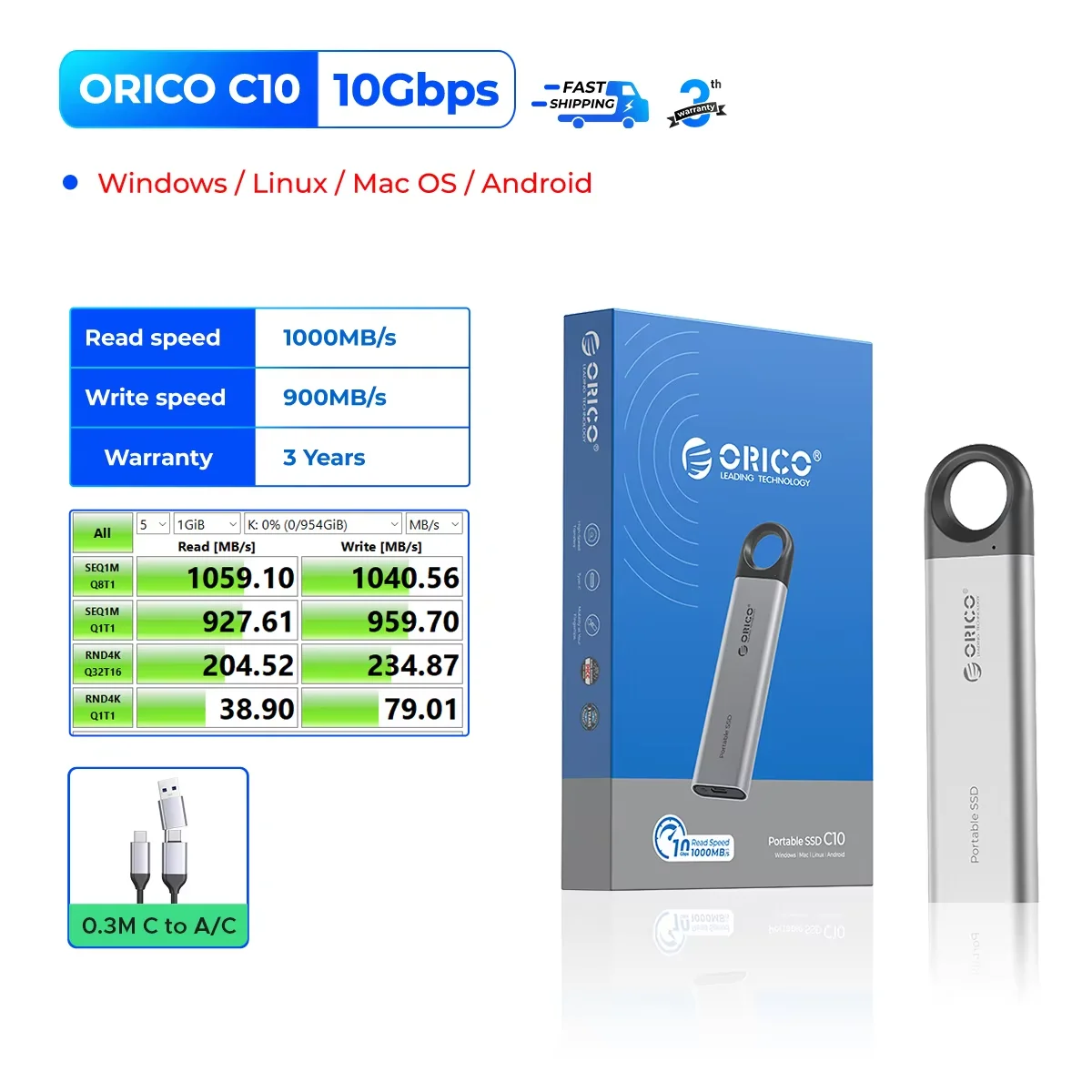 ORICO 1TB External SSD Up to 2000MB/s 1000MB/s Portable Solid