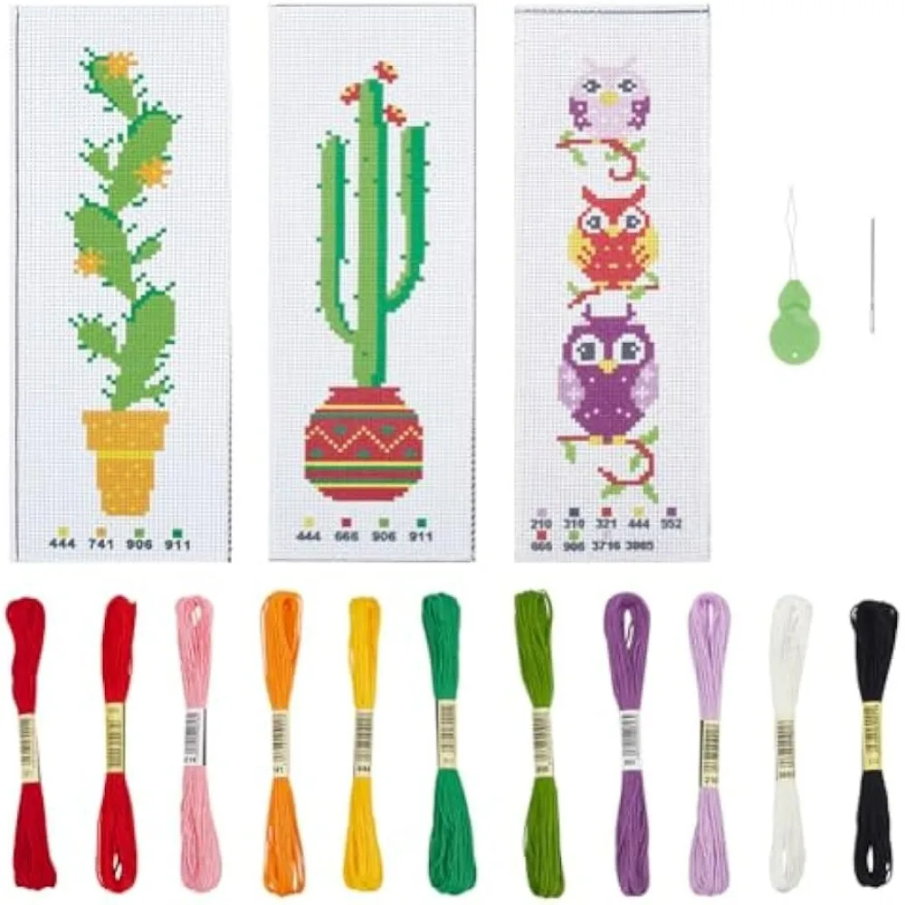 

3 Sets 3 Styles Cross Stitch Bookmark Kits Oval and Cactus Pattern Cross Stitch Kits DIY Stamped Embroidery Bookmarks