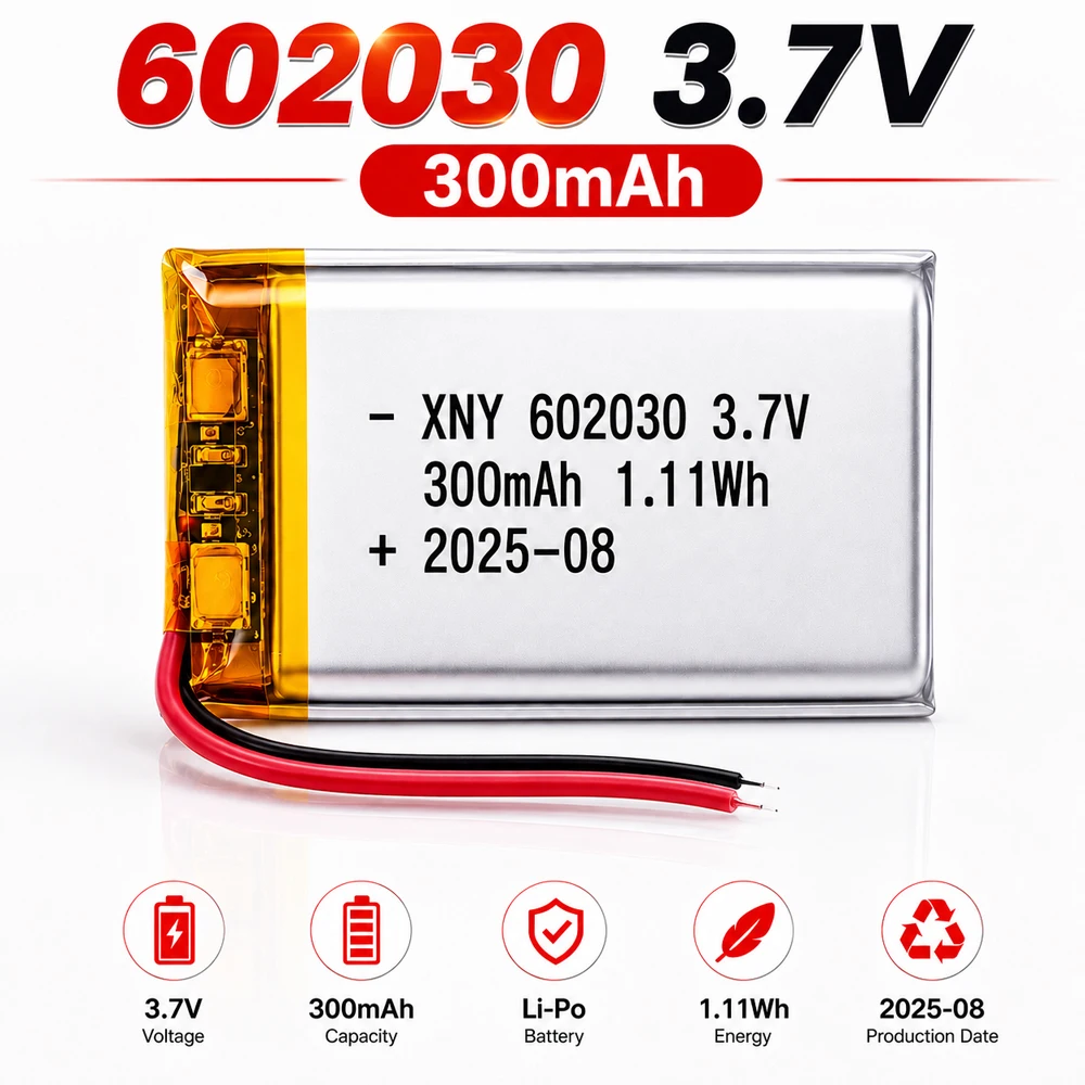 602030 Polymer Lithium Ion Rechargeable Battery 3.7V 300mAh for Toys,LED Lights,Bluetooth Speakers,Smartwatches,Toy Guns Battery