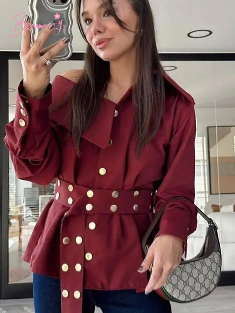 New Fashion 2025 Irregular Lapel Lace Up Blouses New Long Sleeve Metallic Sequins High Waist Shirt Female High Street Outerwear