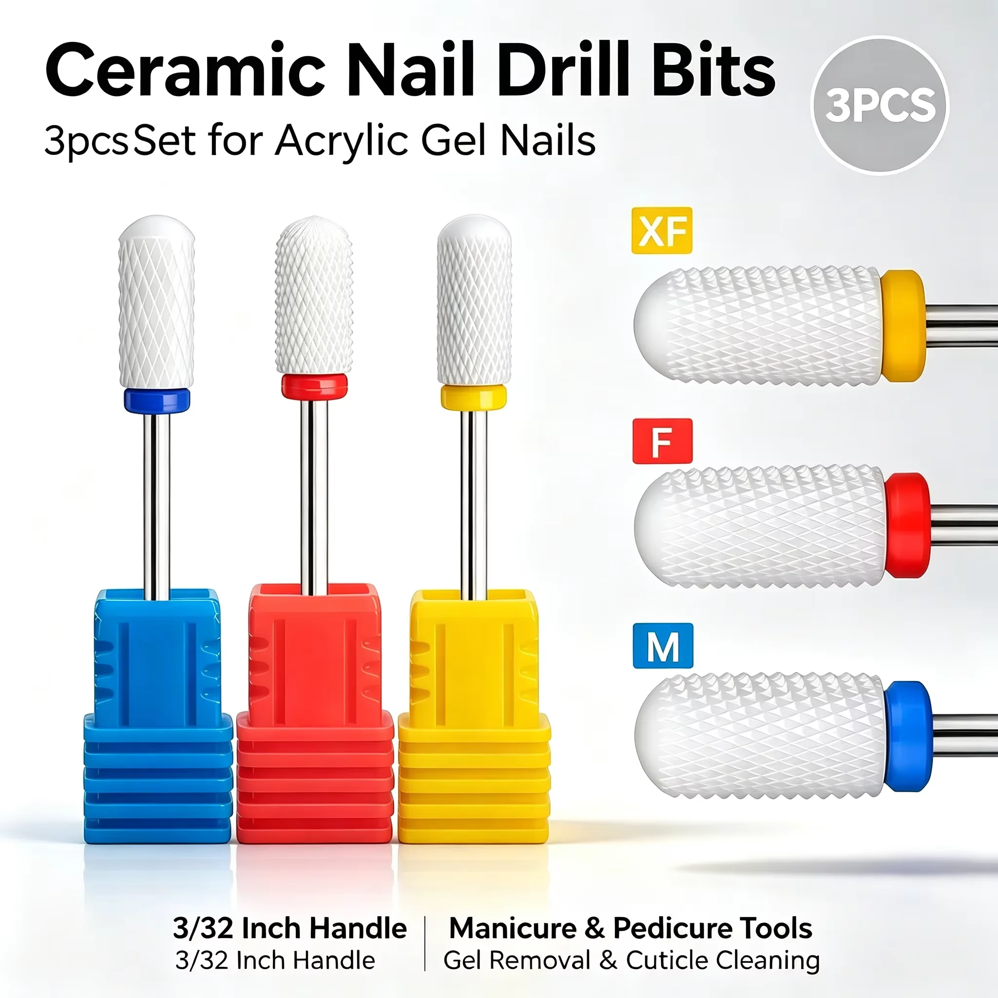 3pcs Ceramic Milling Cutter For Manicure Set Nail Drill Bit Mill Manicure Machine Pedicure Tools for Removing Gel File 3/32 Inch