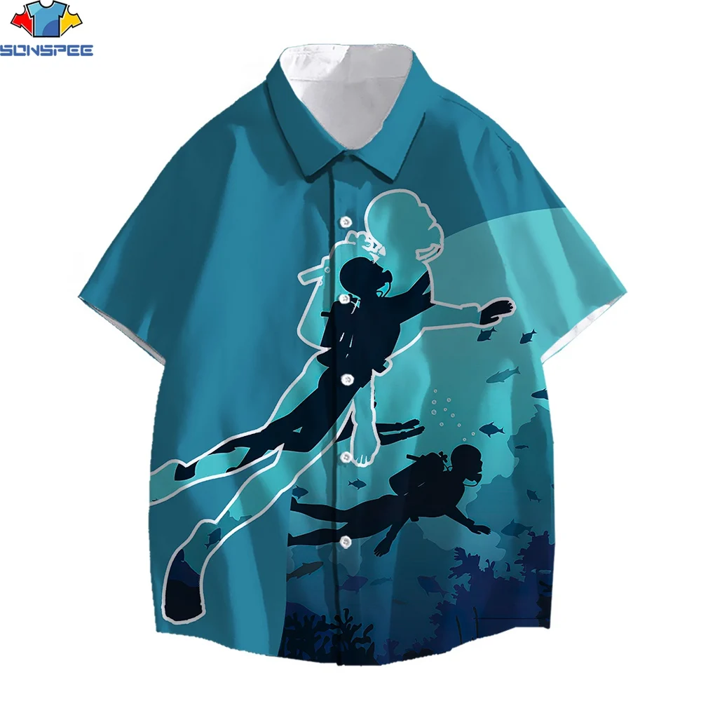 

SONSPEE 3D Print Beach Tour Diving Hawaiian Shirt Undersea World Cartoon Trend Summer Adventure Holiday Cool Handsome Shirt Tops