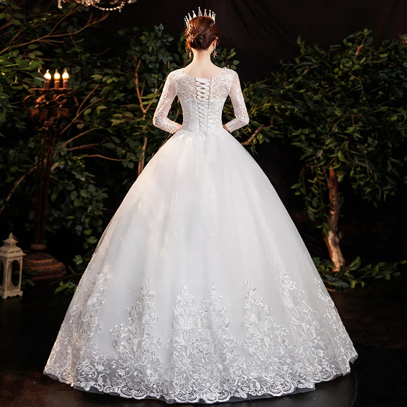 Vintage Frauen Weißes Hochzeitskleid Ballkleid Elegantes Dreiviertel-Musselin Spitze Stickerei Brautkleid Maßgeschneidertes Vestido De Noiva