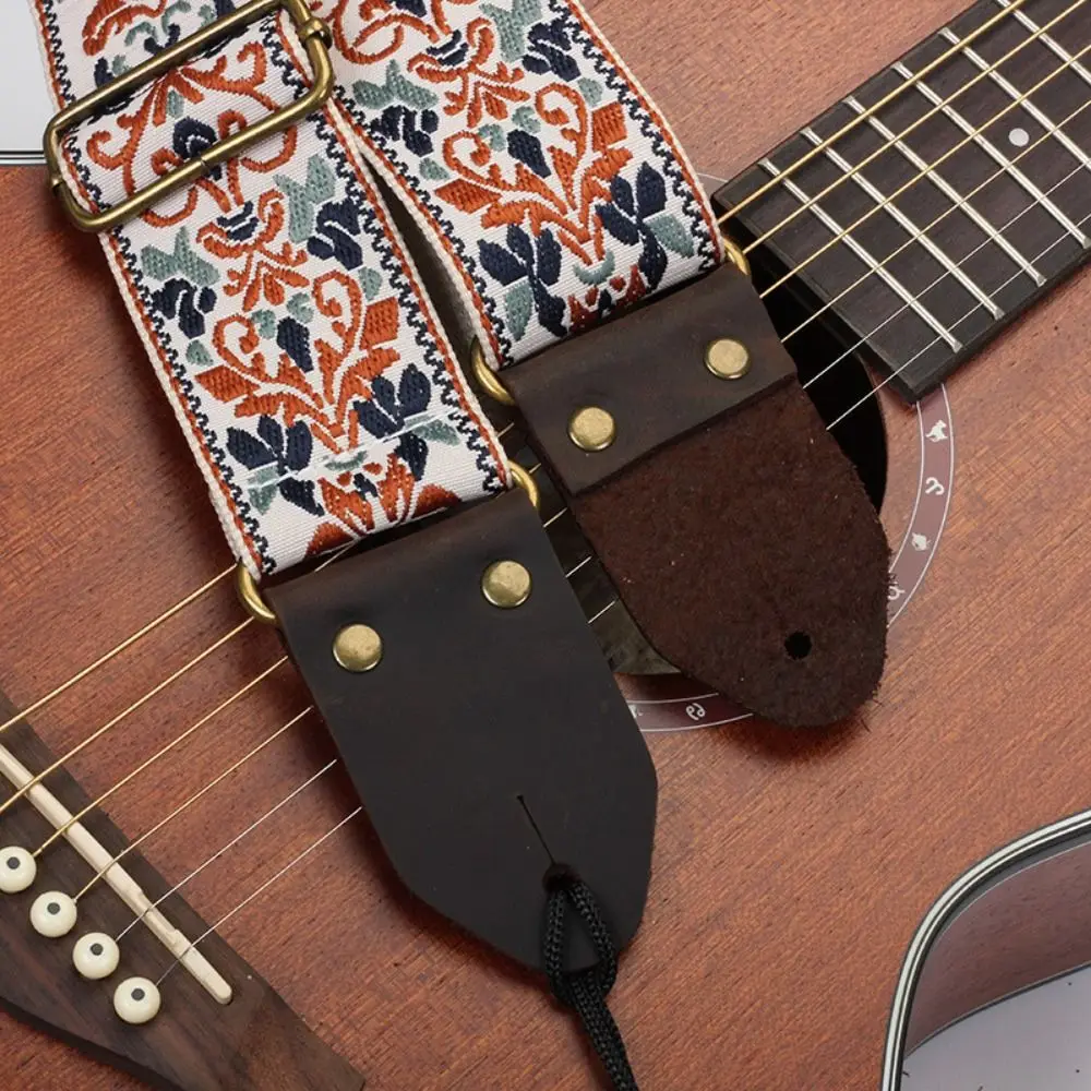 Vintage Flowers Embroidered Guitar Strap Leather Head Tail Nail Pick Guitar Strap Belt Cotton Ultra Thick Electric Guitar Belt