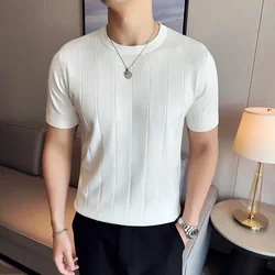 Mens Stripe Short Sleeve T-Shirt 2024 Summer Light and Thin High Quality Slim Fit Fashion Solid Casual Breathable Round Neck Top
