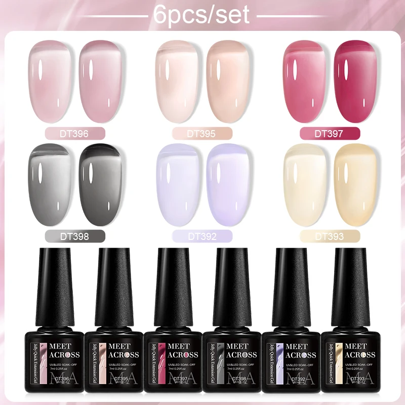 MEET ACROSS 6Pcs/Set Jelly Nude Pink Black Quick Extension Gel Nail Polish Transparent Finger Prolong Construction Nail Art Gel