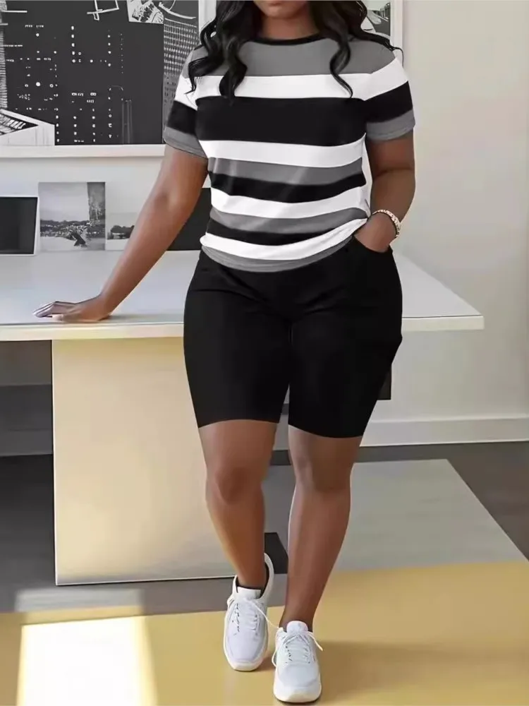 Dames T-shirt pak mode gestreepte trui korte mouwen casual 2-delige set dameskleding zomer