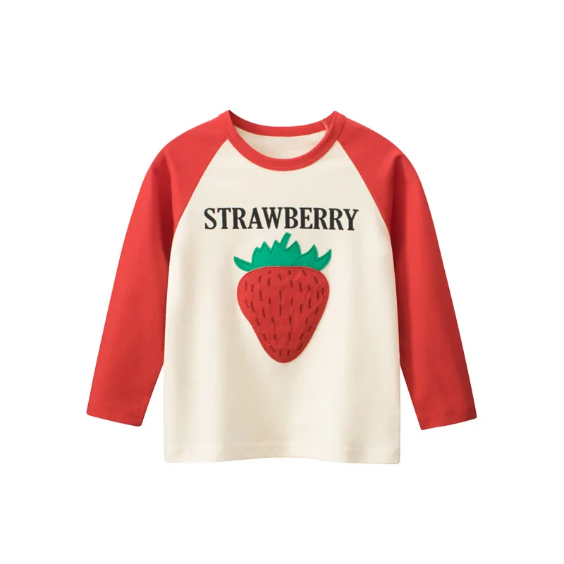 Girls Autumn Long Sleeve T-Shirt Cotton Casual Strawberry  Print Children's Loungewear Spring Autumn Round Neck Pullover T-Shirt