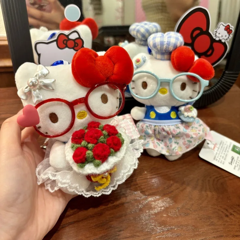 

Kawaii Glasses Plush Hello Kitty Girl Dress Keychain Rose Handheld Flower Backpack Zipper Pendant Girl Fluffy Toy Exquisite Gift