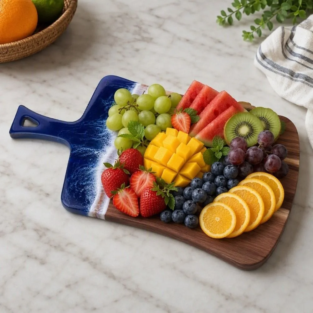 Sea Wave Pattern Resin-Wood Splicing Cutting Board Hanging Handle Thickened Bread Serving Board Rectangular Chopping Block Gift