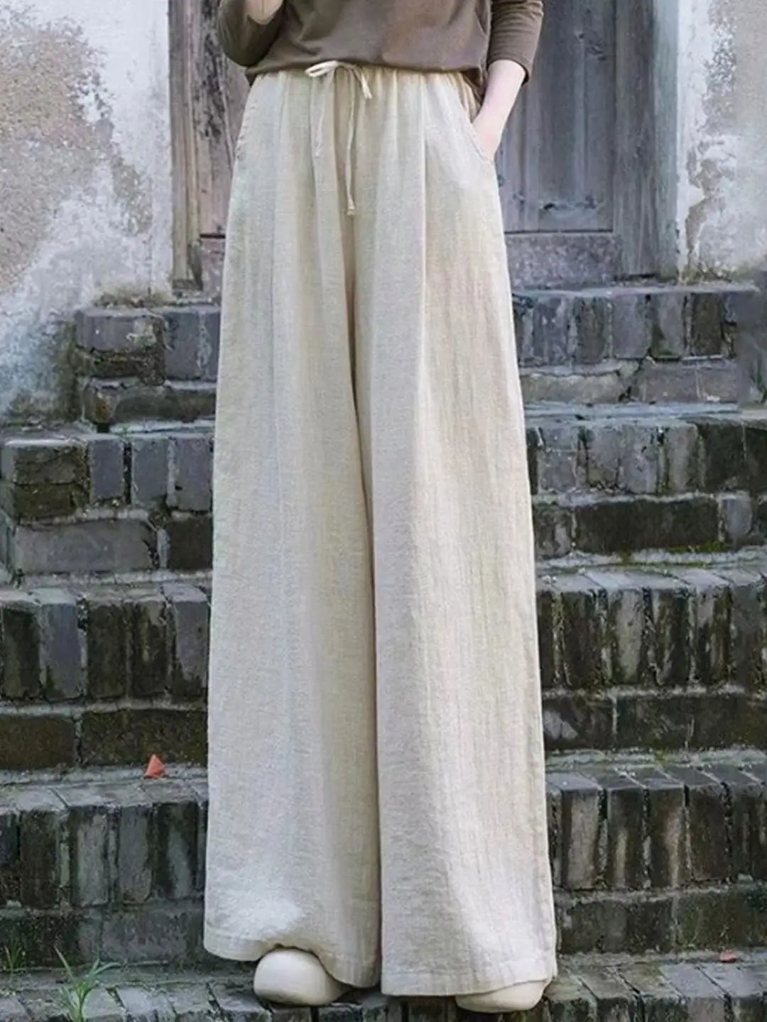 High Waist Cotton Linen Wide Leg Pants Women Summer Loose Casual Straight Cut Long Trousers Mom Style Comfortable Breathable